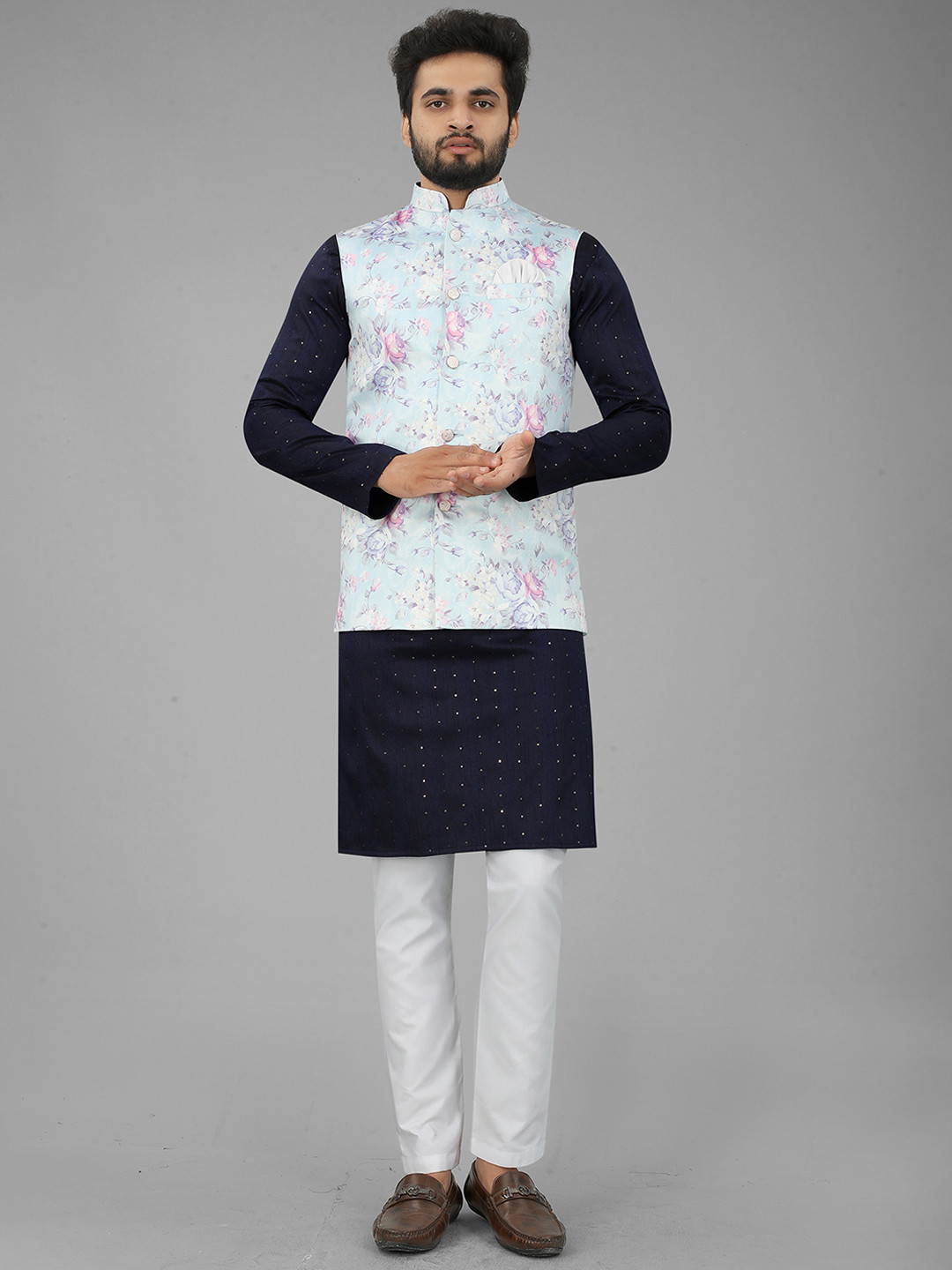 

N N ENTERPRISE Floral Printed Satin Nehru Jacket, Blue