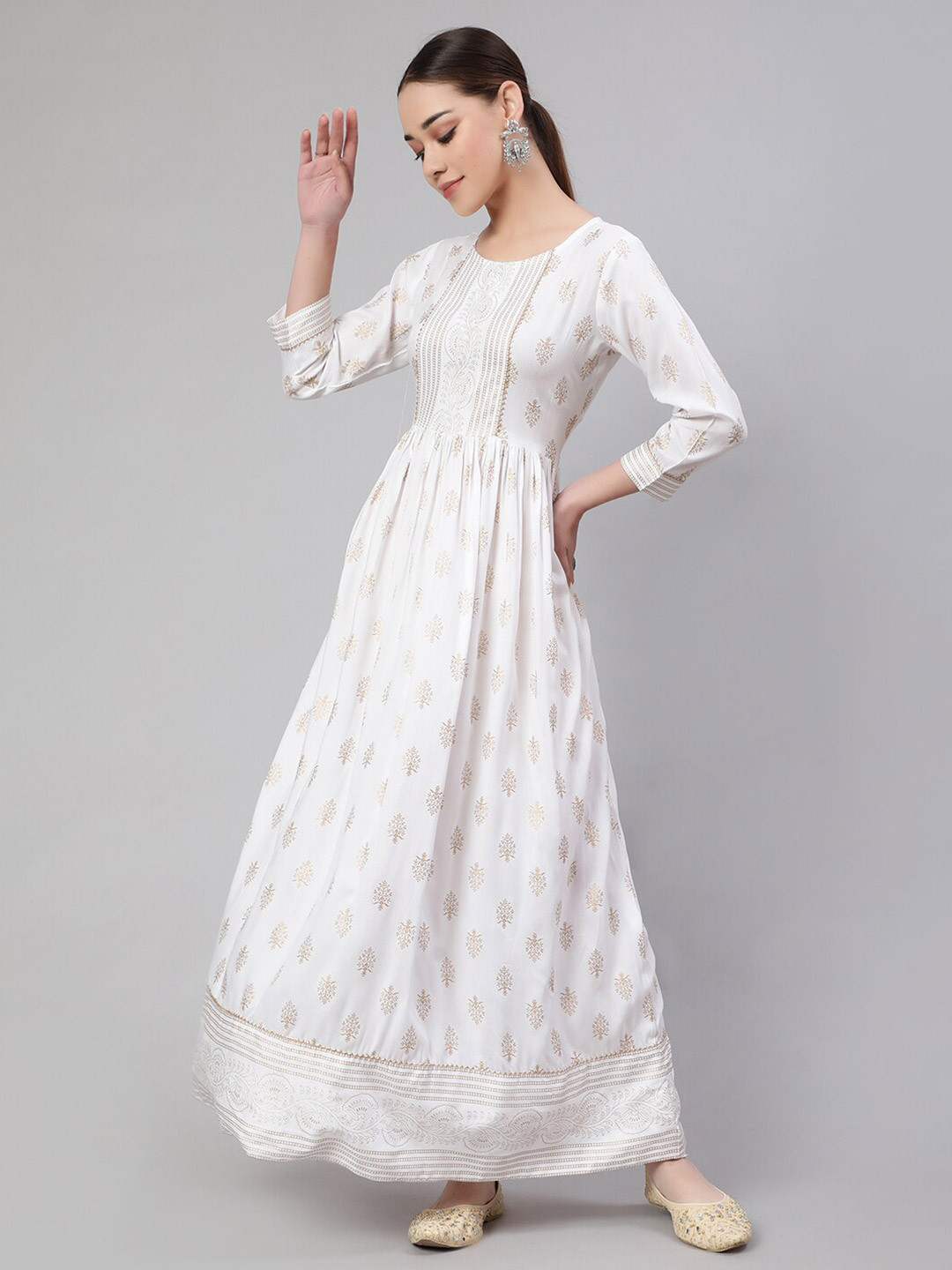 

Nayo Ethnic Motifs Printed Fit and Flare Maxi Dress, Off white