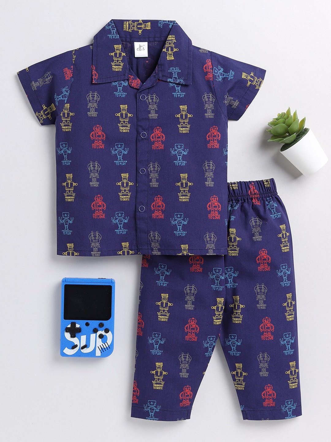

Clt.s Kids Conversational Printed Pure Cotton Night Suit, Blue