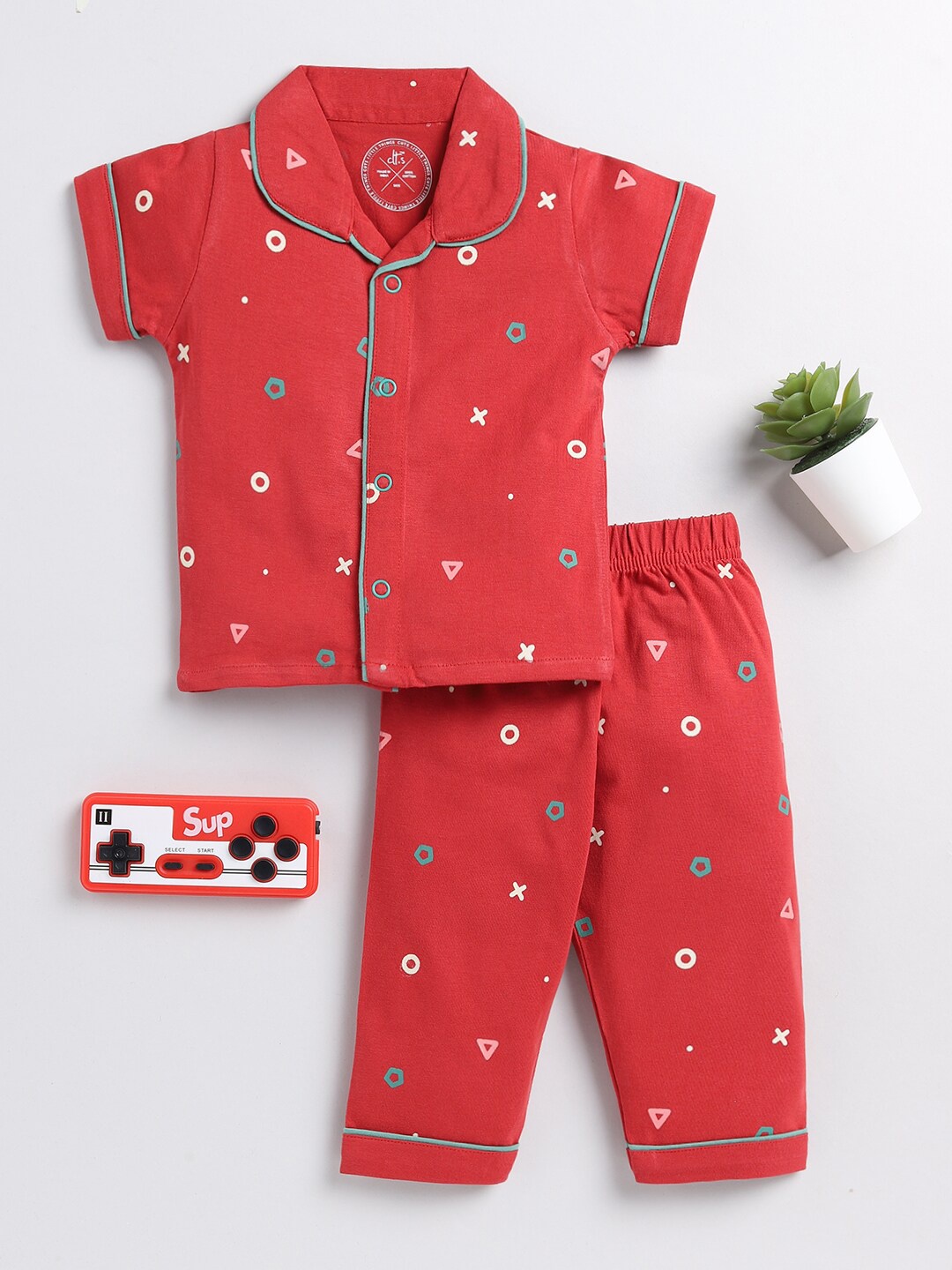 

Clt.s Kids Geometric Printed Pure Cotton Night Suit, Red