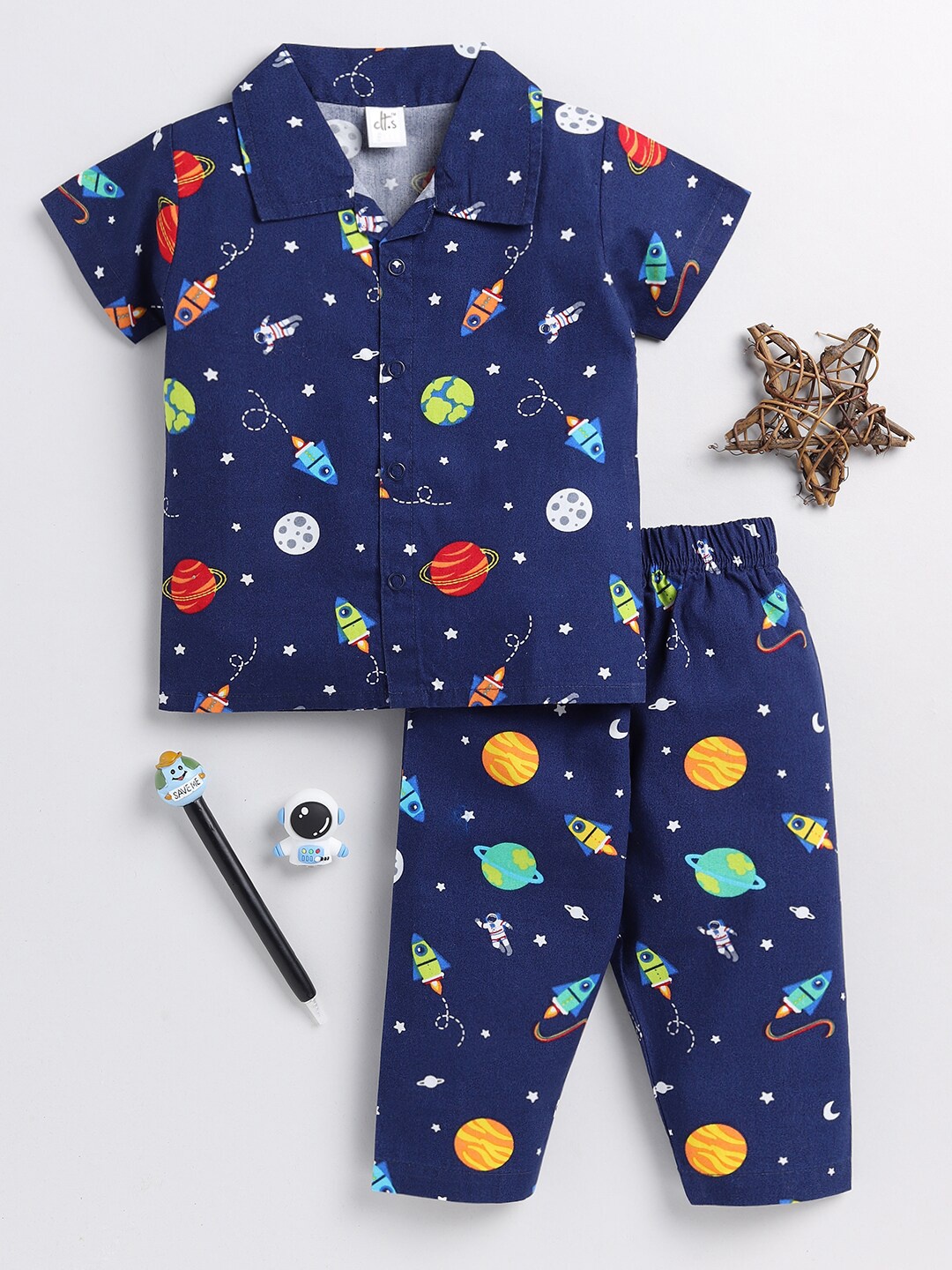 

Clt.s Kids Conversational Printed Pure Cotton Night Suit, Blue
