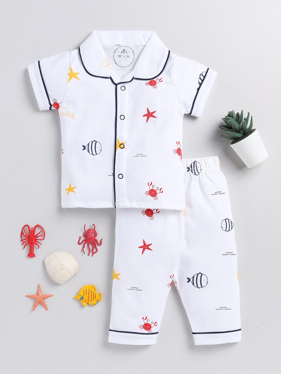 

Clt.s Kids Conversational Printed Pure Cotton Night Suit, White