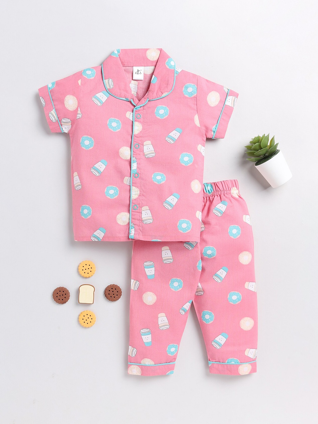 

Clt.s Kids Conversational Printed Pure Cotton Night Suit, Pink