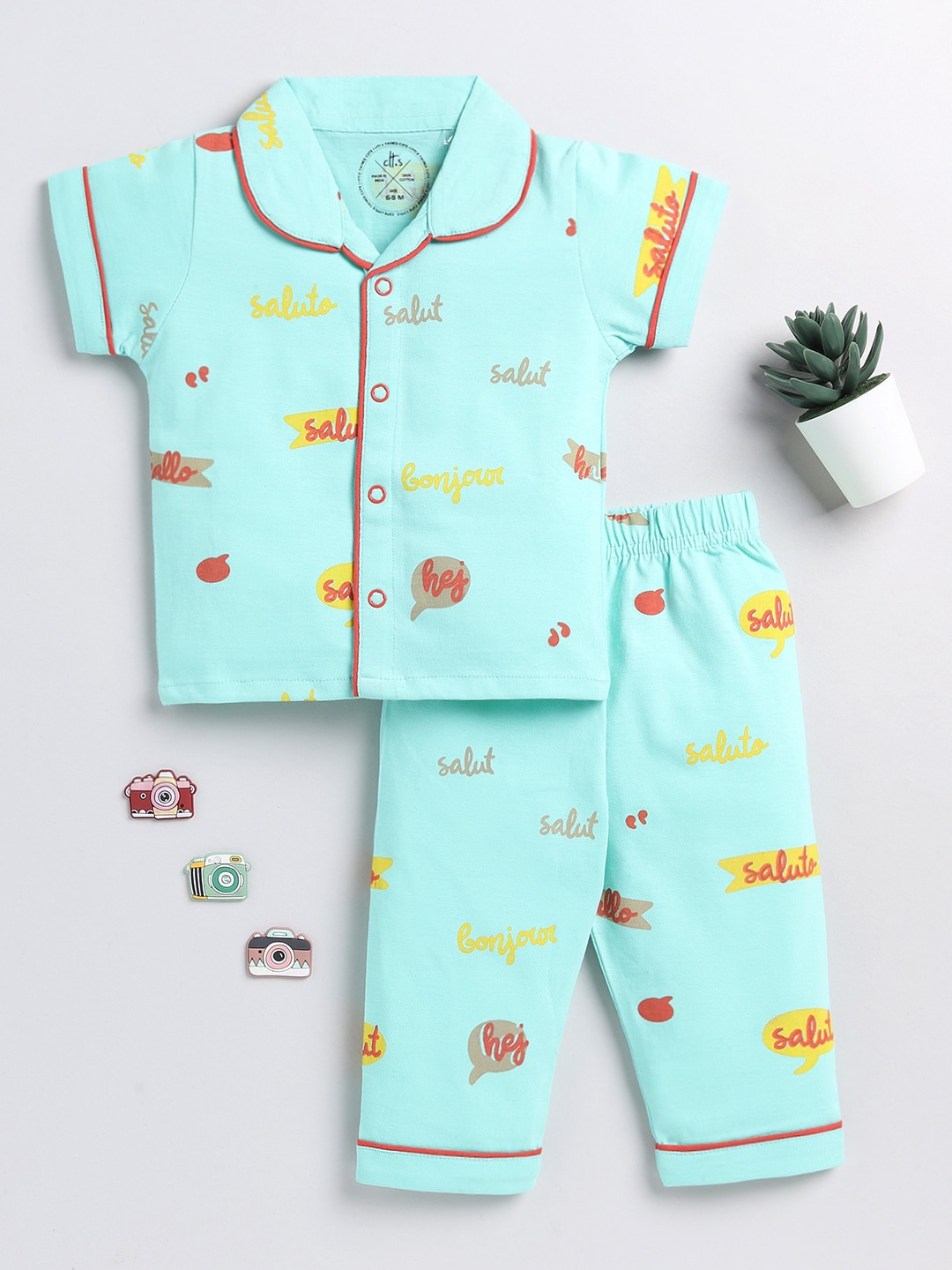 

Clt.s Kids Typography Printed Pure Cotton Night Suit, Sea green