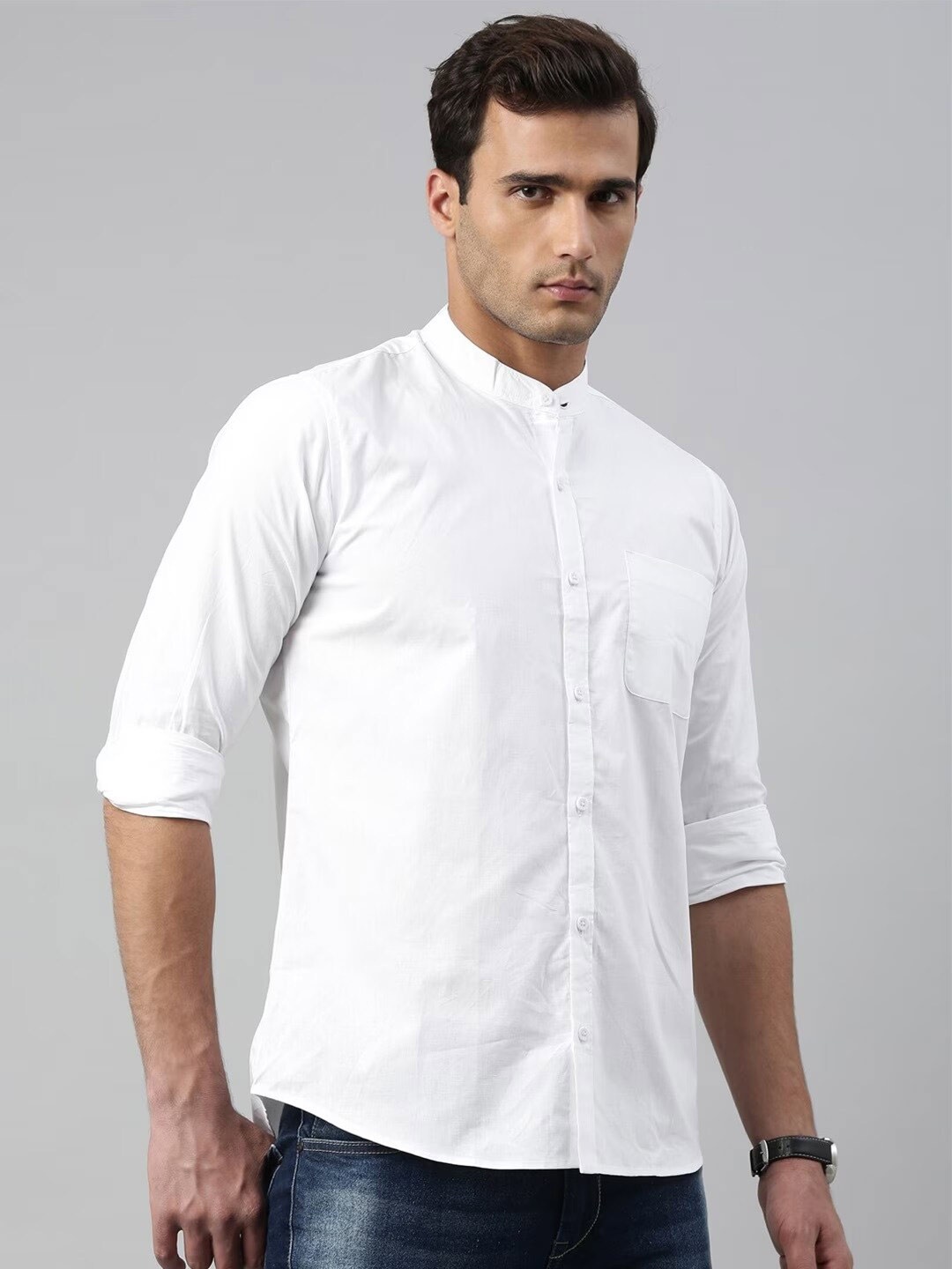 

WHITE HEART Band Collar Pure Cotton Casual Shirt