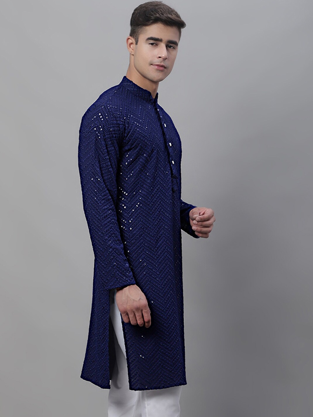 

Jompers Ethnic Motif Embroidered Mandarin Collar Sequinned Pure Cotton Kurta, Navy blue