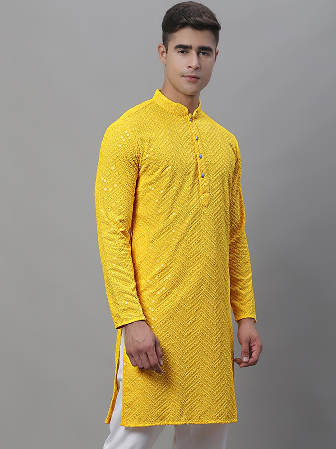

Jompers Ethnic Motif Embroidered Mandarin Collar Sequinned Pure Cotton Kurta, Yellow