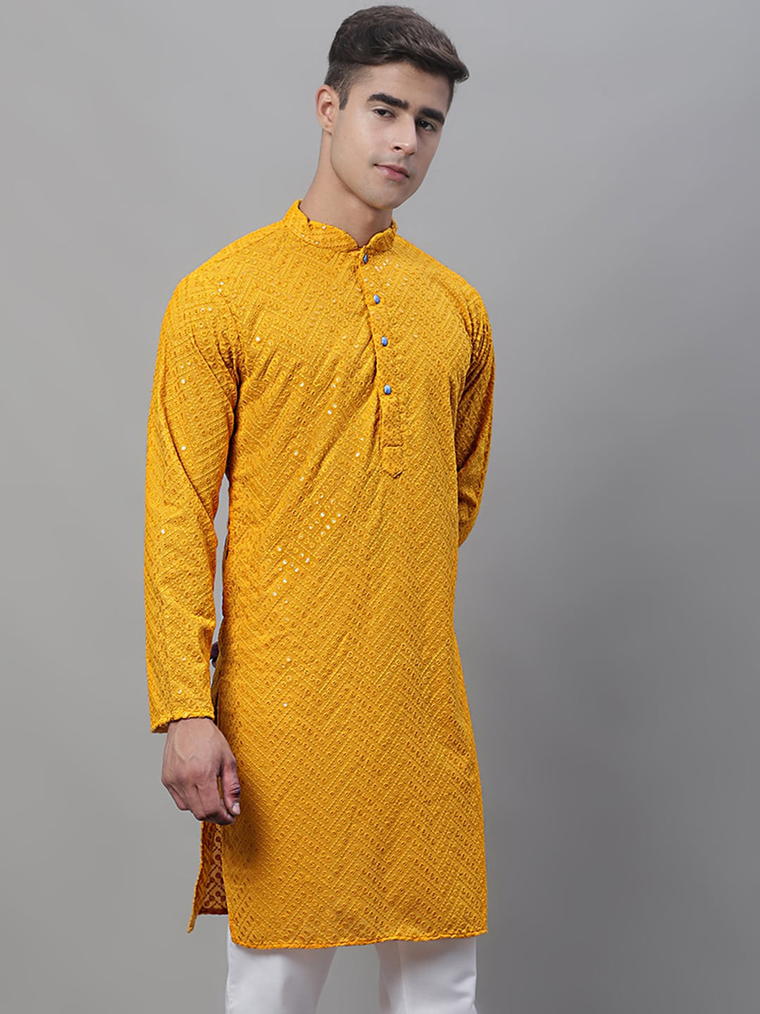

Jompers Men Mustard Yellow Cold-Shoulder Sleeves Thread Work Kurta