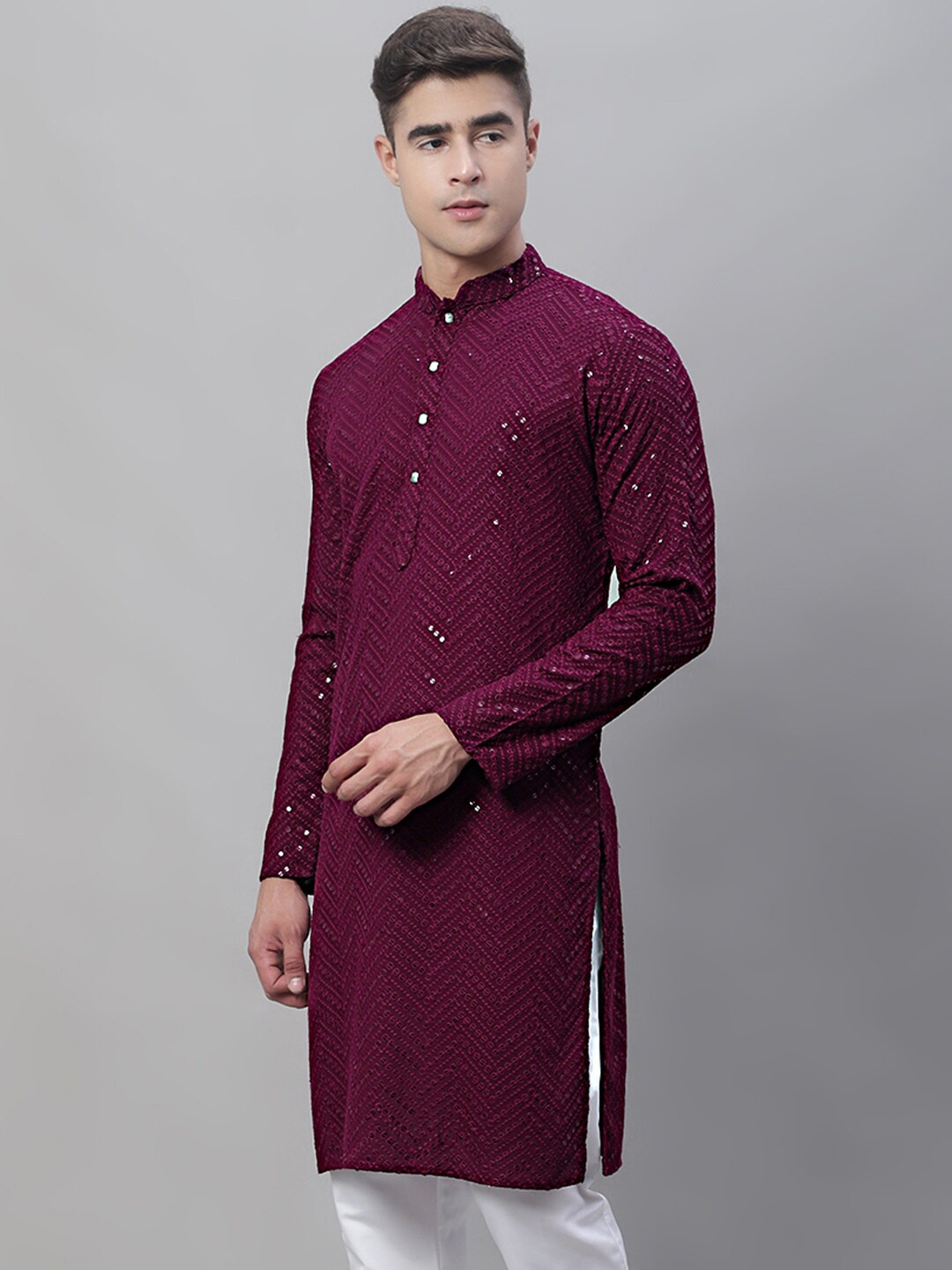 

Jompers Ethnic Motif Embroidered Mandarin Collar Sequinned Pure Cotton Kurta, Purple