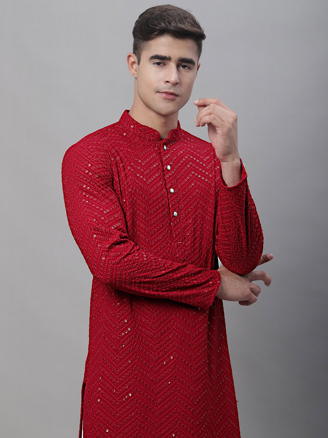 

Jompers Ethnic Motif Embroidered Mandarin Collar Sequinned Pure Cotton Kurta, Maroon
