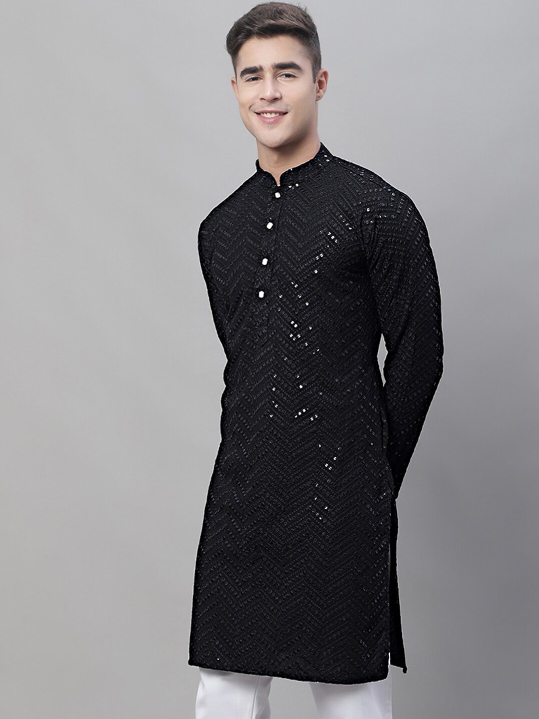 

Jompers Chevron Embroidered Sequined Pure Cotton Kurta, Black