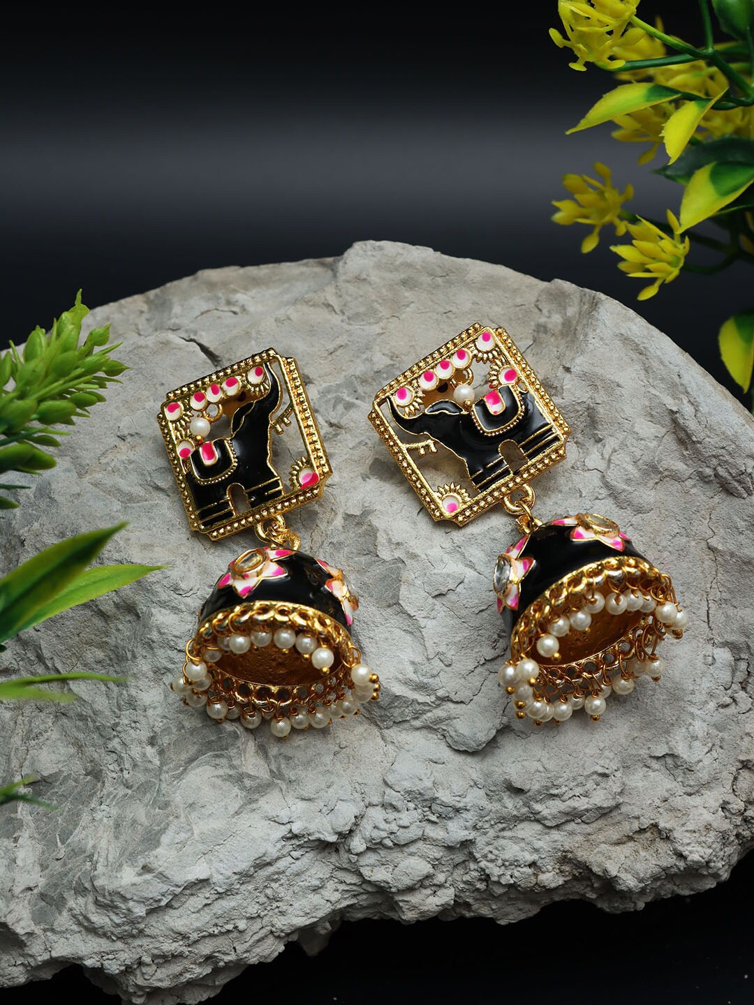

Ozanoo Gold Plated Kundan Studded Meenakari Jhumkas Earrings
