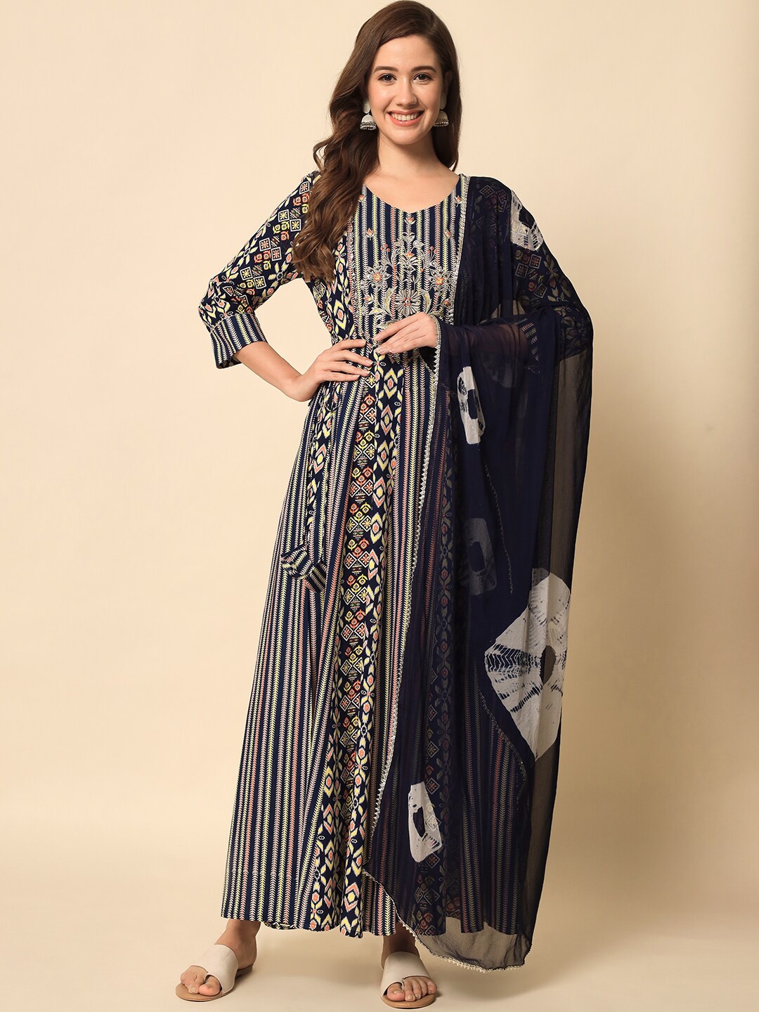 

Meeranshi Ethnic Motif Printed Mirror Work A-Line Kurta With Trousers & Dupatta, Navy blue