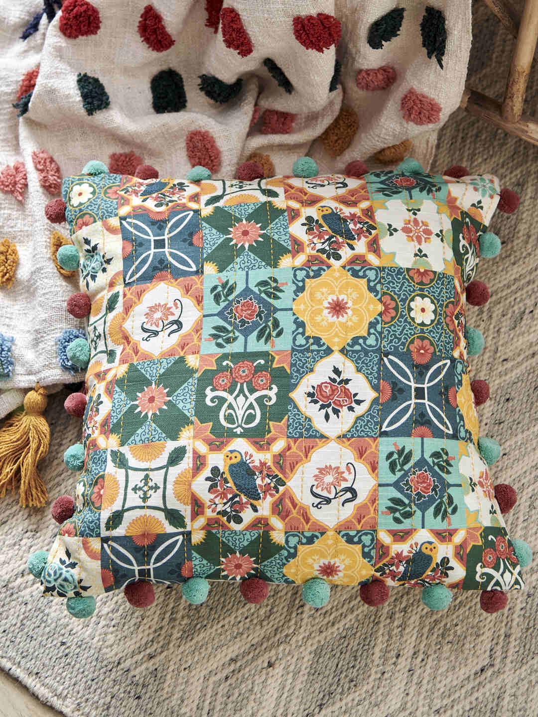 

Chumbak Peranakan Tales Teal & Mustard Cotton Floral Printed Square Cushion Cover