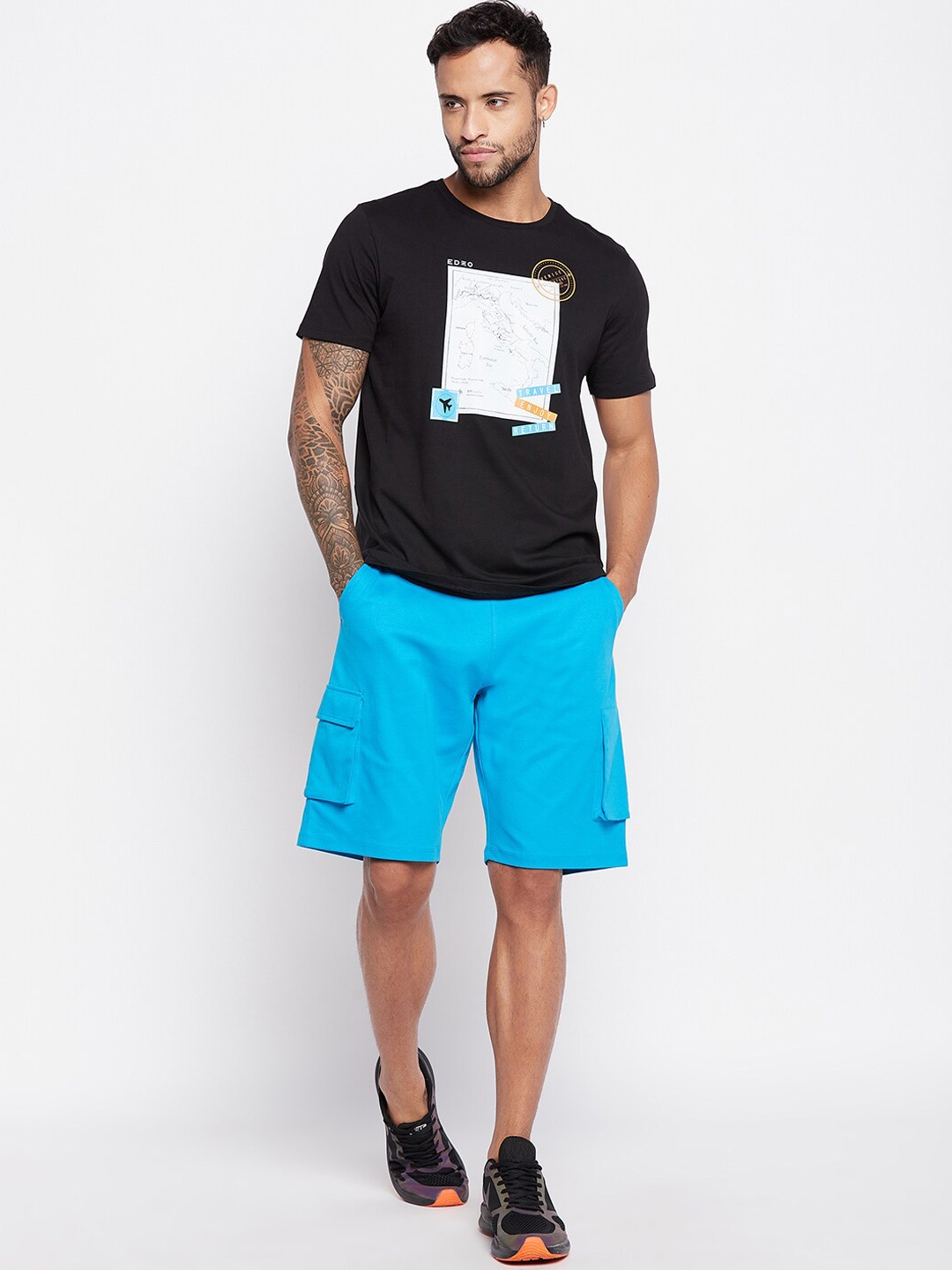 

EDRIO Men Printed Pure Cotton T shirt With Shorts Co-Ords, Black