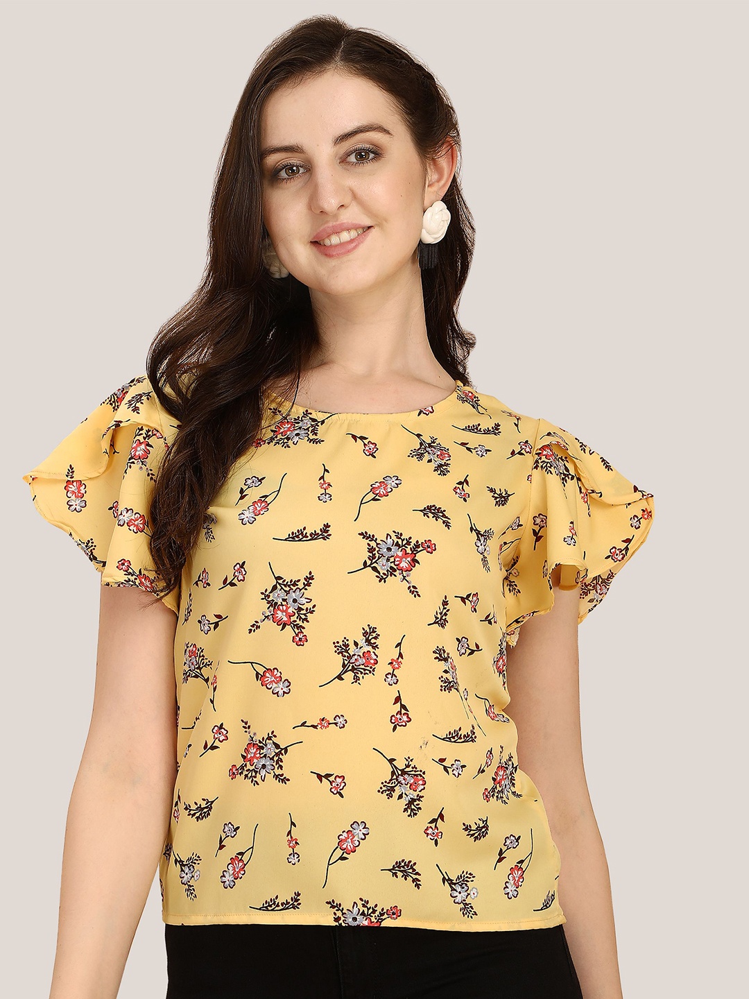 

Oomph! Floral Printed Flutter Sleeves Regular Top, Yellow