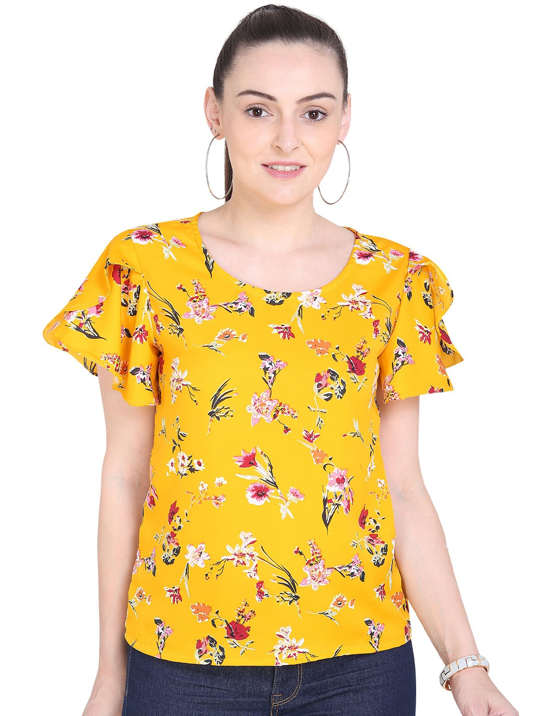 

Oomph! Floral Printed Flutter Sleeves Regular Top, Yellow
