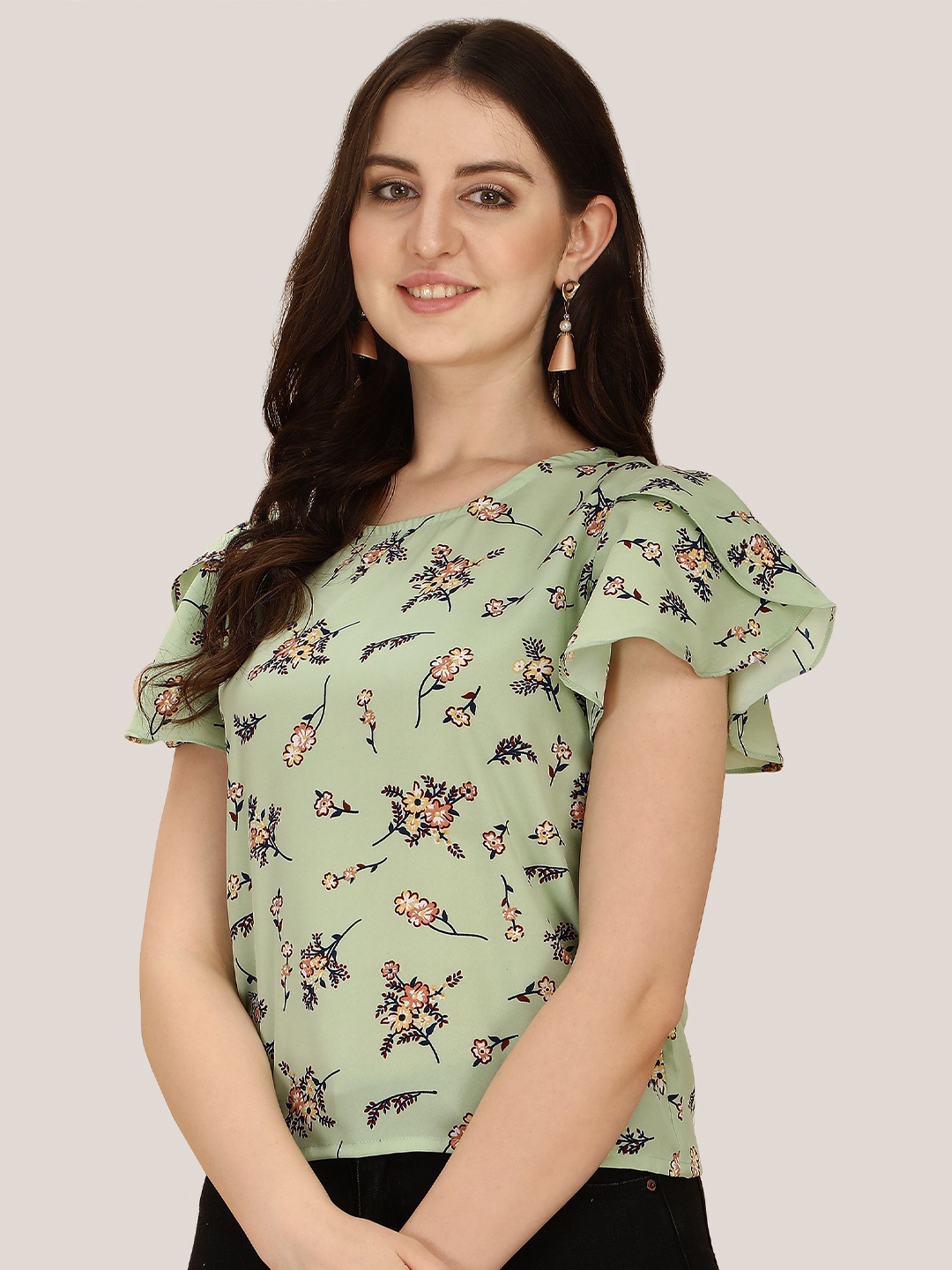 

Oomph! Floral Printed Flutter Sleeves Top, Green