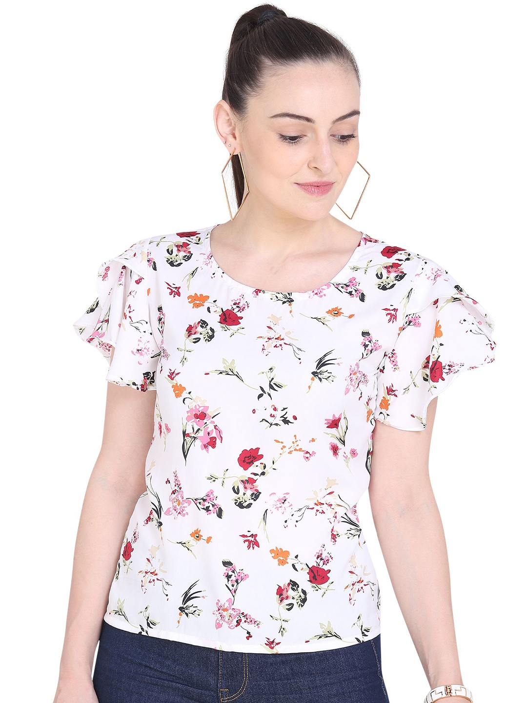 

Oomph! Floral Printed Flutter Sleeves Top, White