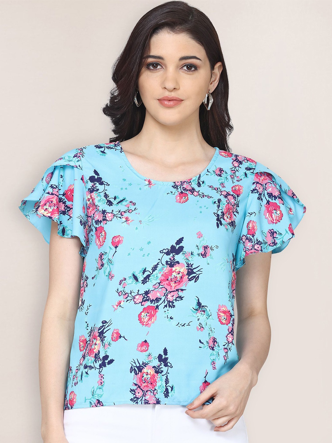 

Oomph! Floral Printed Flutter Sleeves Top, Blue
