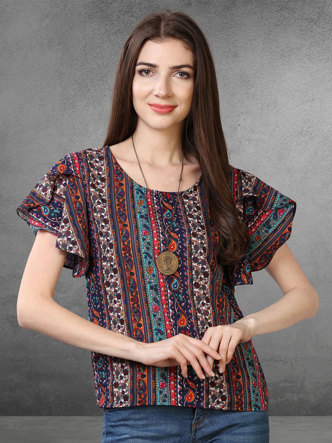 

Oomph! Ethnic Printed Flutter Sleeves Top, Navy blue