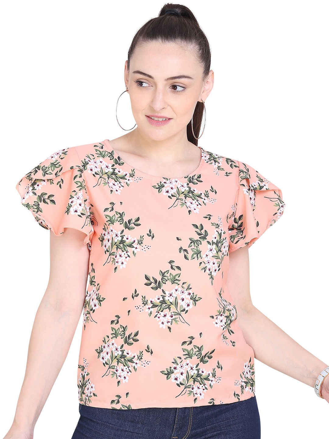 

Oomph! Floral Printed Flutter Sleeves Top, Pink