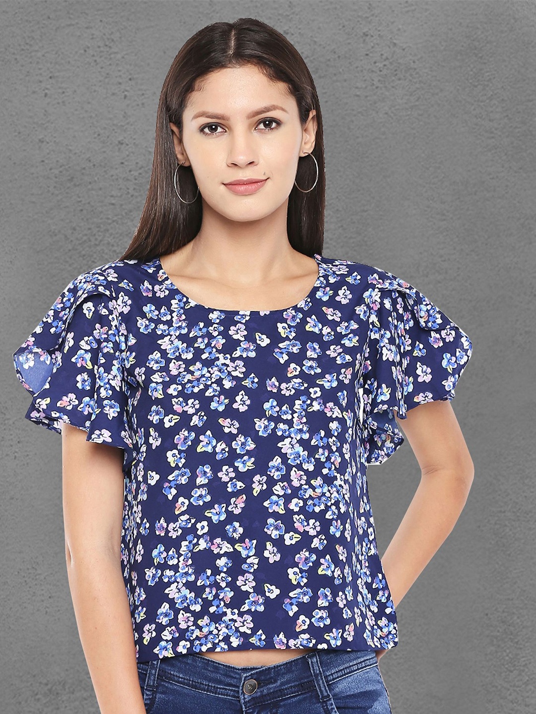 

Oomph! Floral Printed Flutter Sleeves Regular Top, Blue