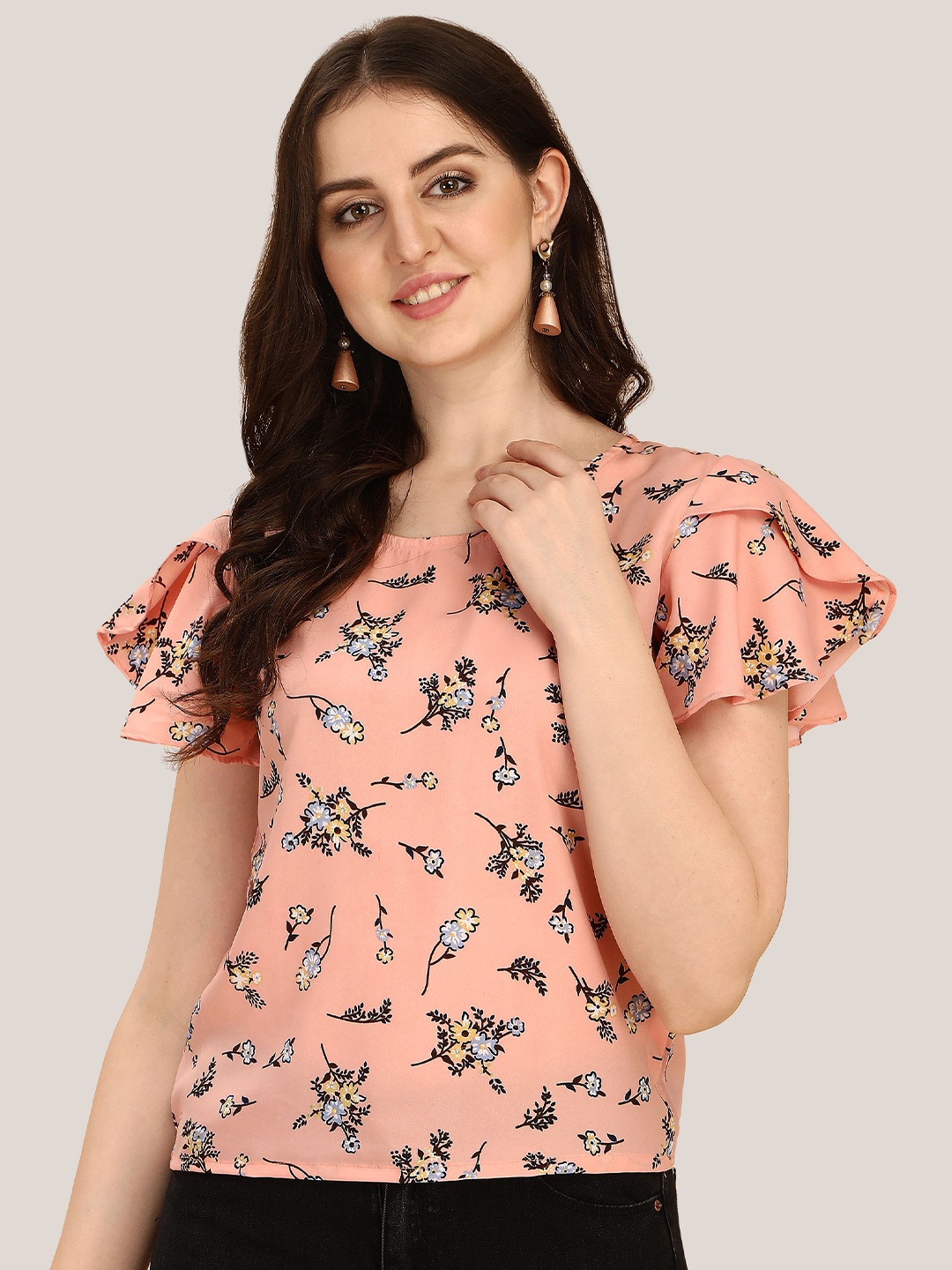 

Oomph! Floral Printed Flutter Sleeves Top, Pink