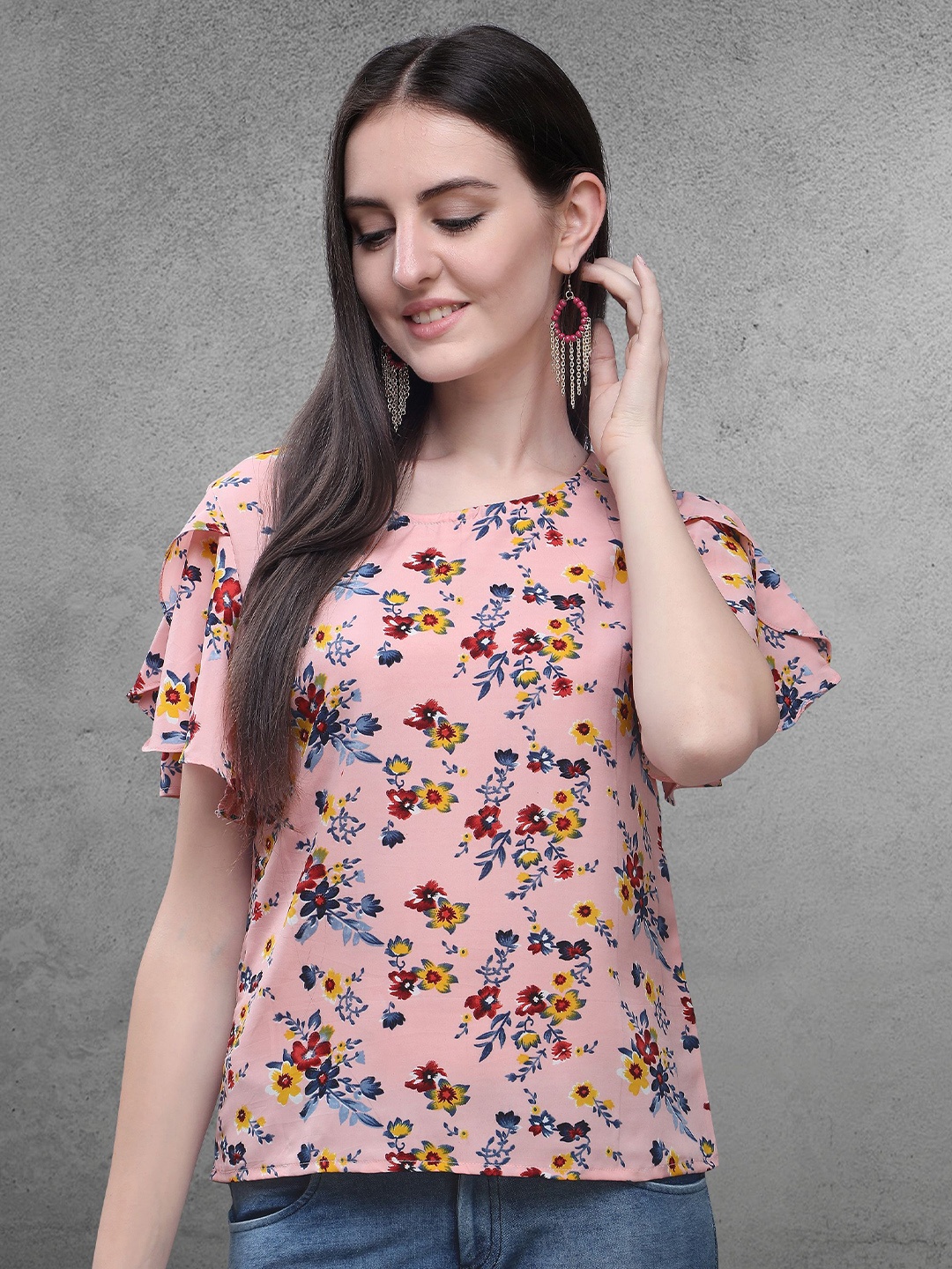 

Oomph! Floral Printed Flutter Sleeves Regular Top, Pink