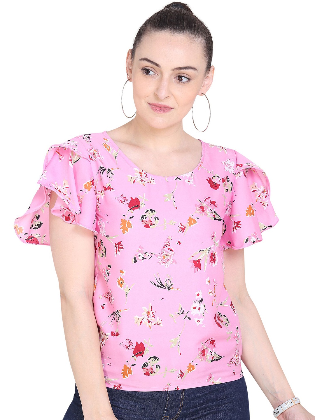 

Oomph! Floral Printed Flutter Sleeves Regular Top, Pink