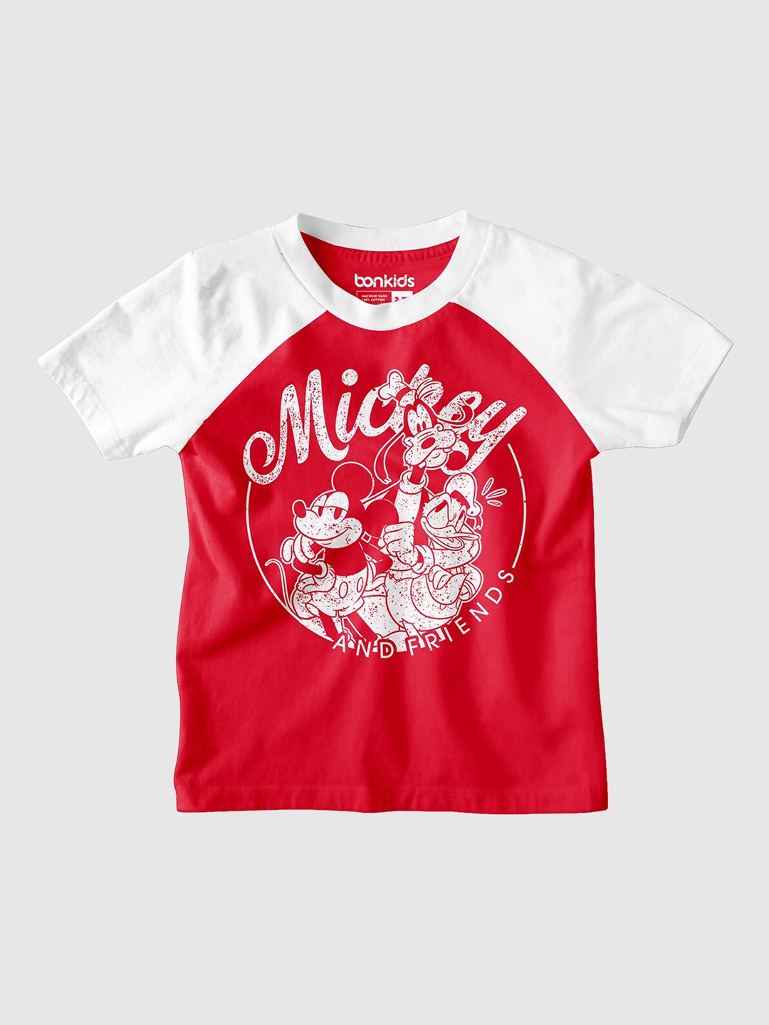 

BONKIDS Boys Mickey Mouse & Friends Printed Raglan Sleeves Cotton T-shirt, Red
