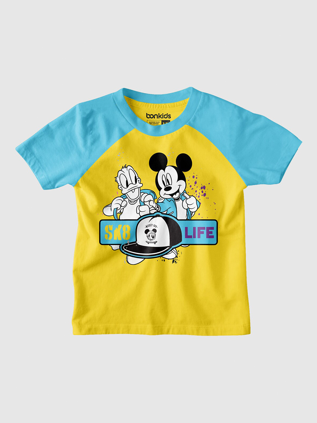 

BONKIDS Boys Mickey Mouse & Donald Printed Raglan Sleeves Cotton T-shirt, Yellow
