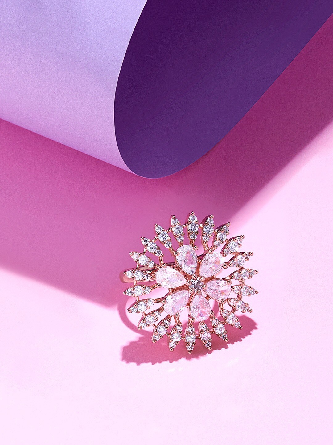 

AMI Rose Gold-Plated Cubic Zirconia Studded Finger Ring