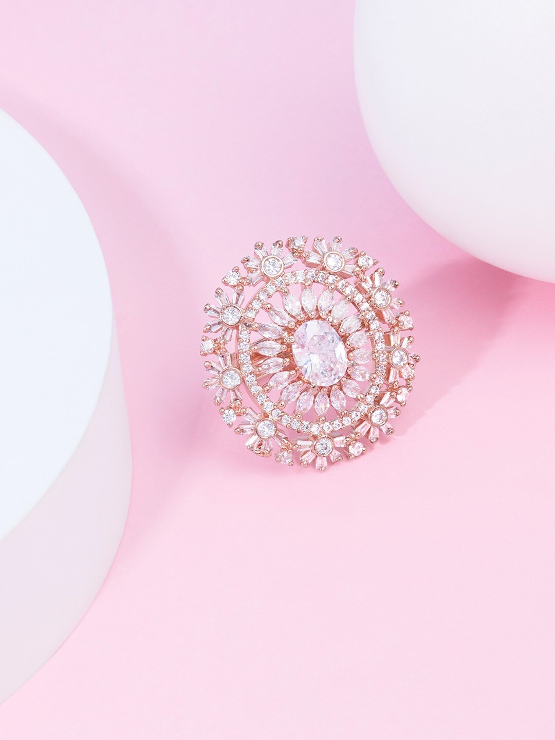 

AMI Rose Gold-Plated Cubic Zirconia Studded Finger Ring