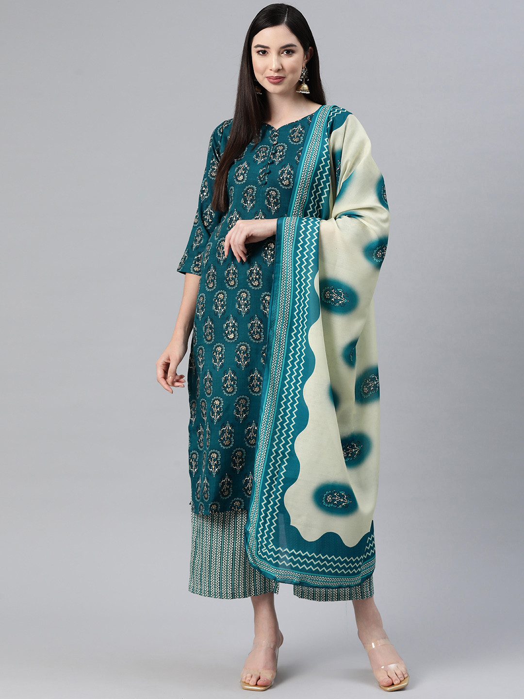 

Vbuyz Women Floral Printed Regular Kurta with Trousers & With Dupatta, Teal