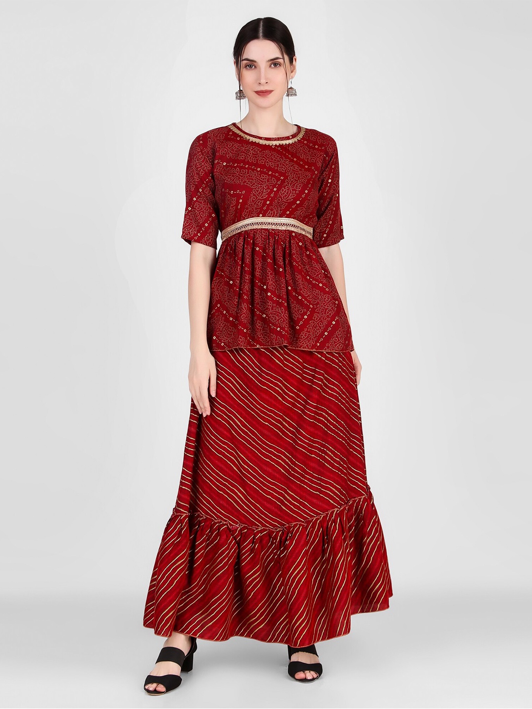 

FNOCKS Ethnic Motif Print Pure Cotton Kurti & Skirt, Maroon