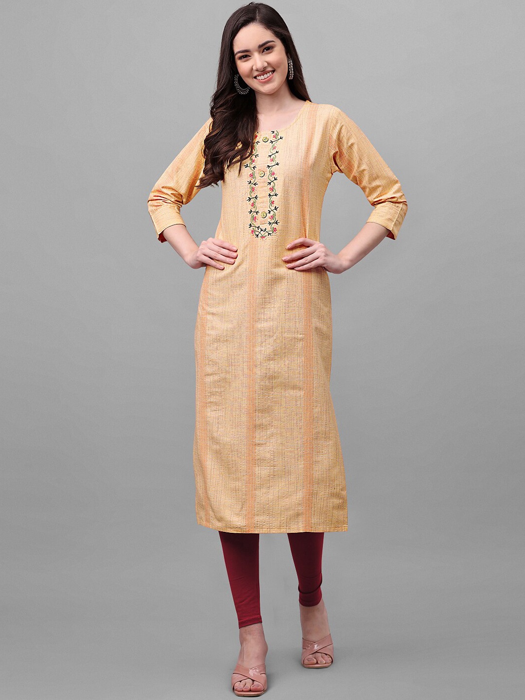 

FAVRIZ Floral Embroidered Straight Pure Cotton Kurta, Yellow