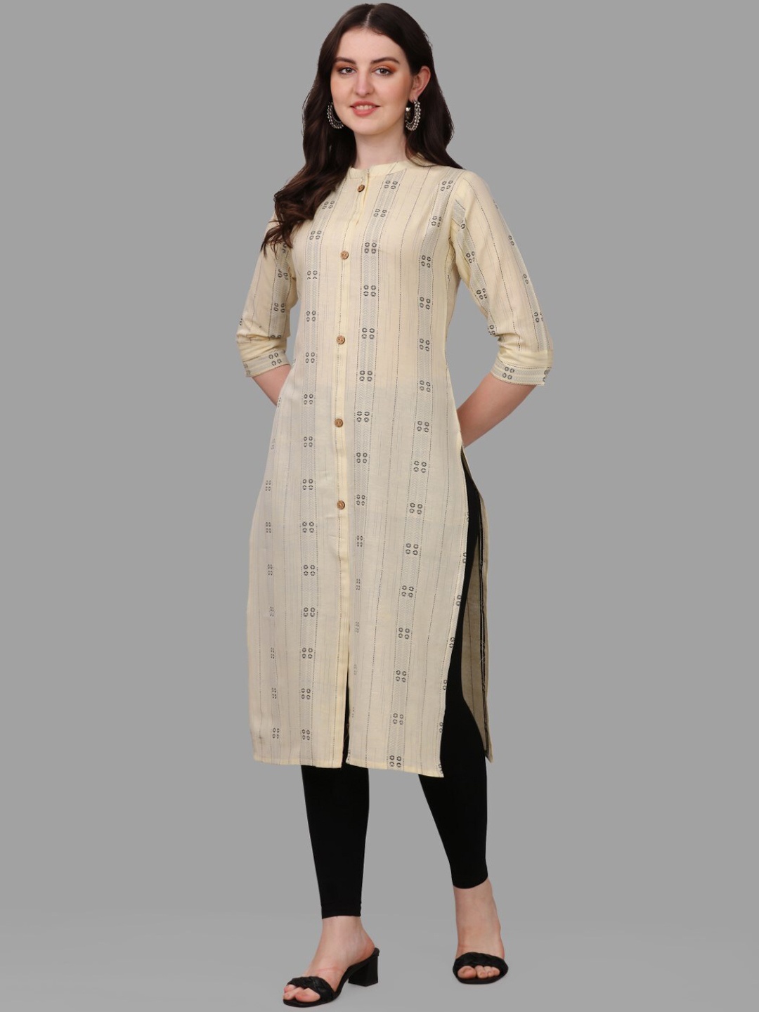 

FAVRIZ Striped Mandarin Collar Panelled Cotton Kurta, Beige