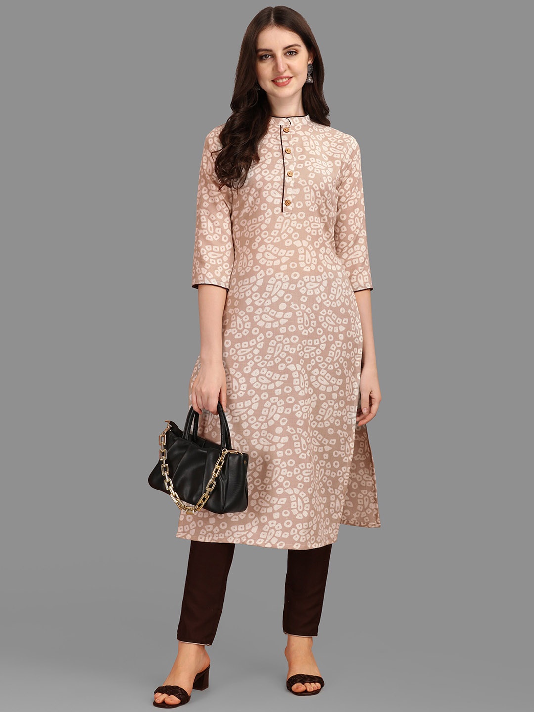 

FAVRIZ Ethnic Motifs Printed Mandarin Collar Cotton Kurta, Beige