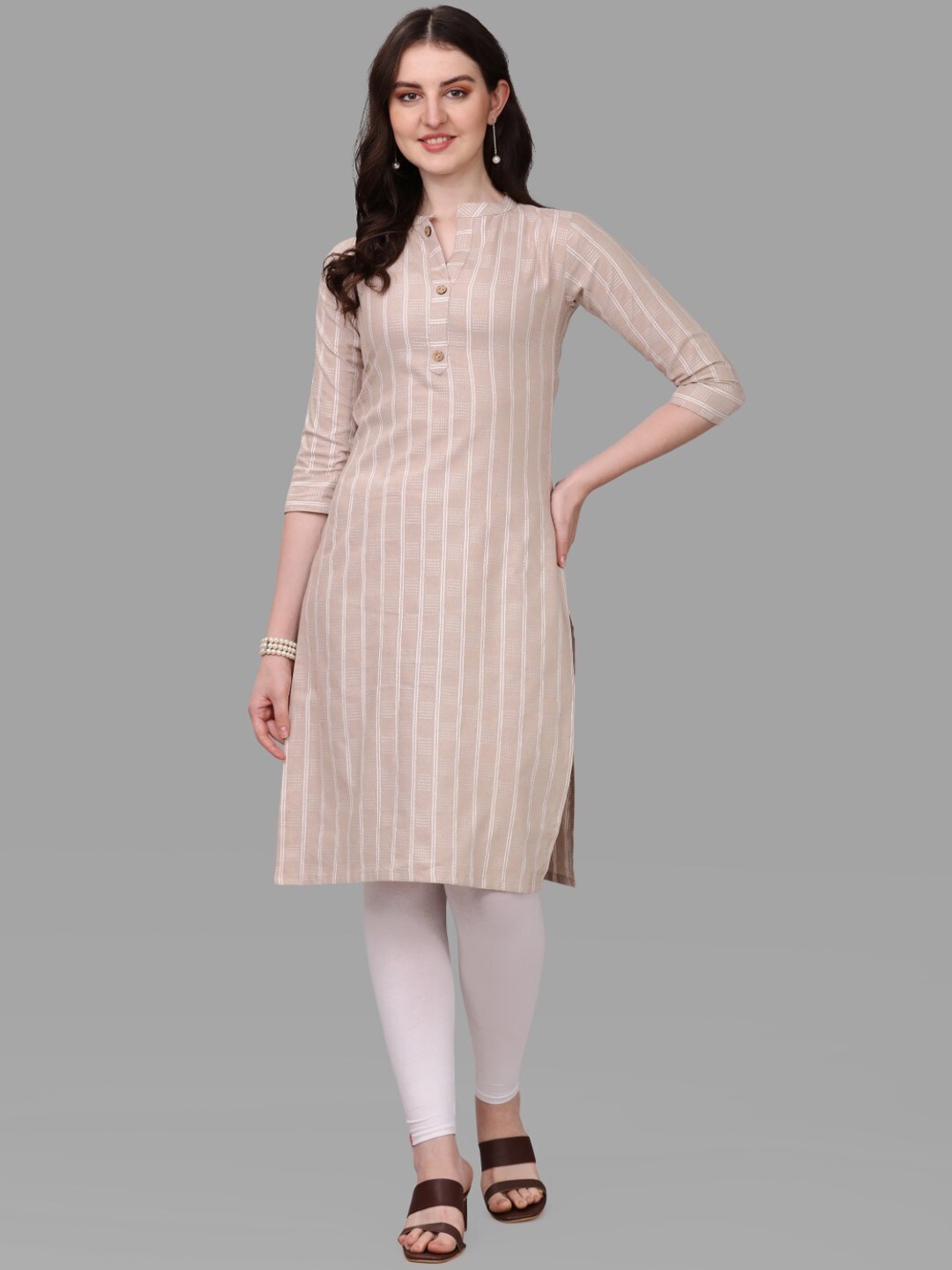 

FAVRIZ Striped Mandarin Collar Cotton Kurta, Brown