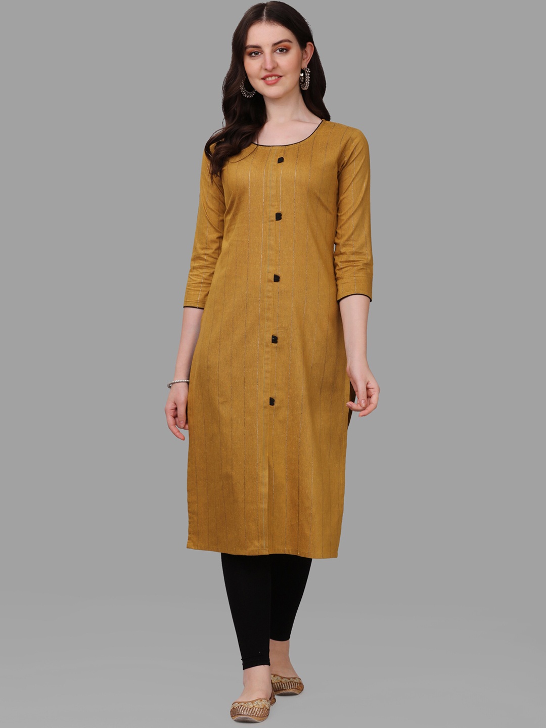

FAVRIZ Striped Straight Cotton Kurta, Mustard