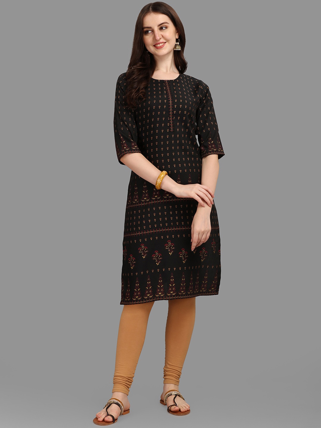 

FAVRIZ Ethnic Motifs Printed Straight Pure Cotton Kurta, Black