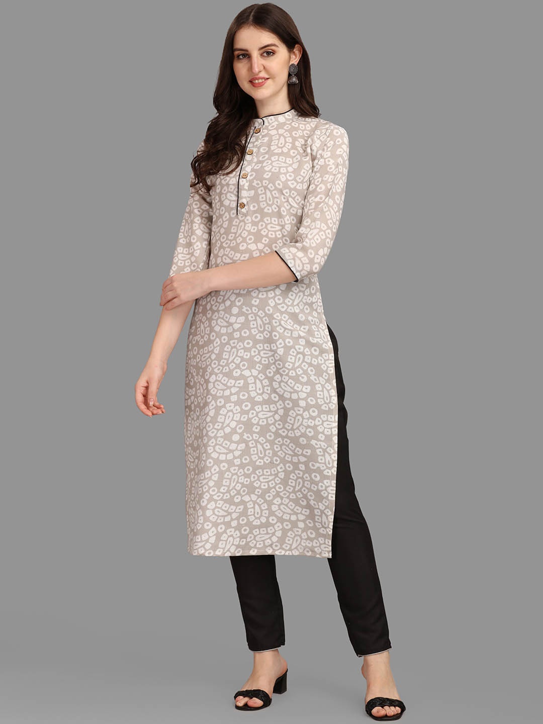 

FAVRIZ Ethnic Motifs Printed Mandarin Collar Cotton Kurta, Beige