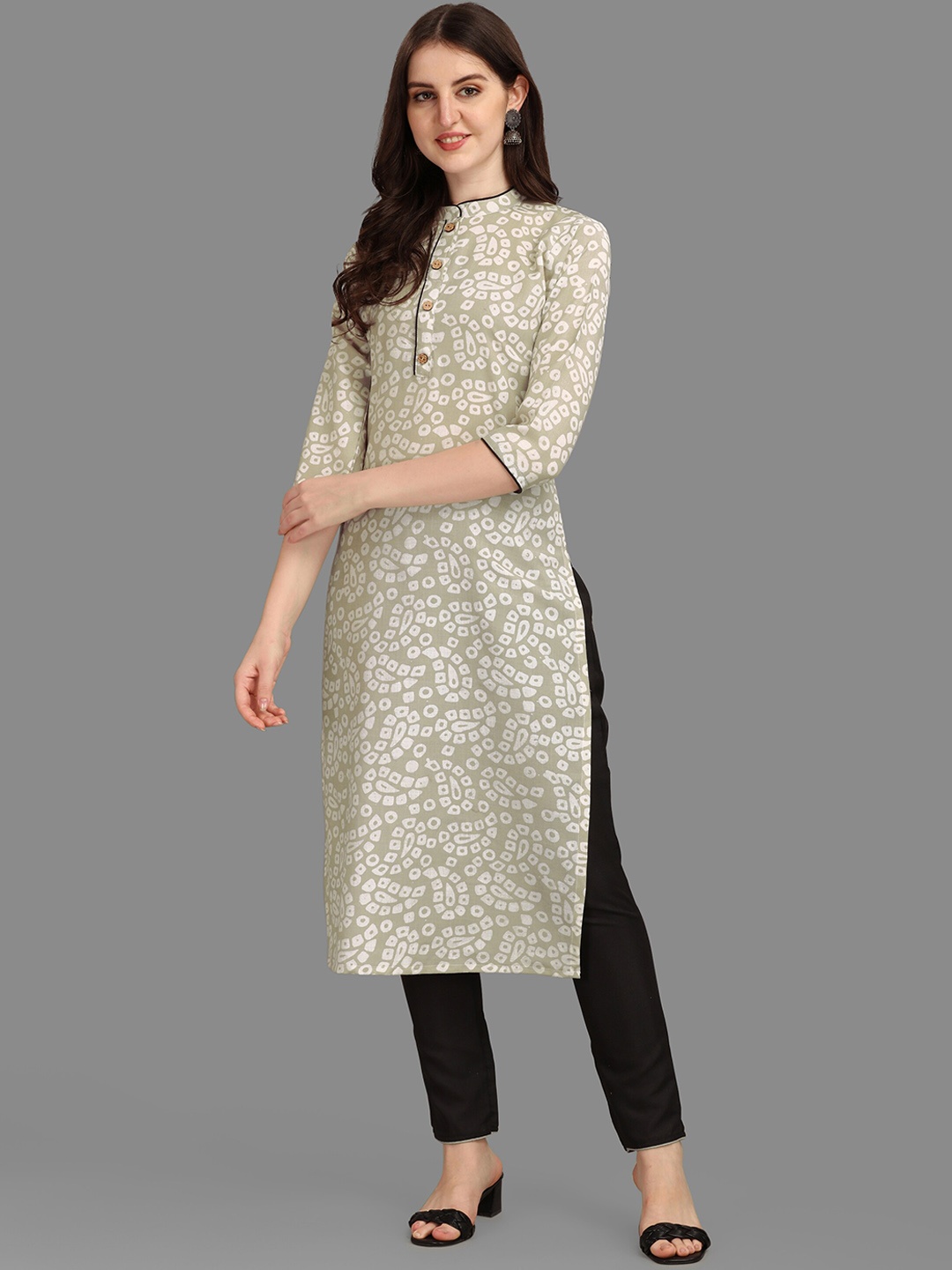 

FAVRIZ Ethnic Motifs Printed Straight Pure Cotton Kurta, Green
