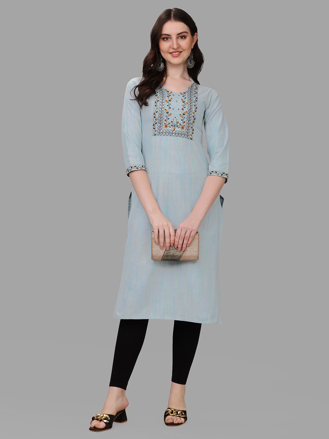 

FAVRIZ Ethnic Motifs Embroidered Mandarin Collar Sequined Cotton Kurta, Blue