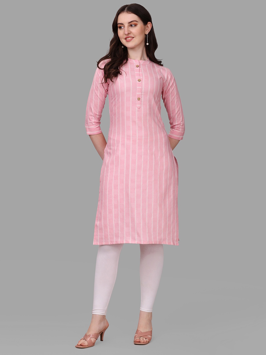 

FAVRIZ Striped Mandarin Collar Cotton Kurta, Pink