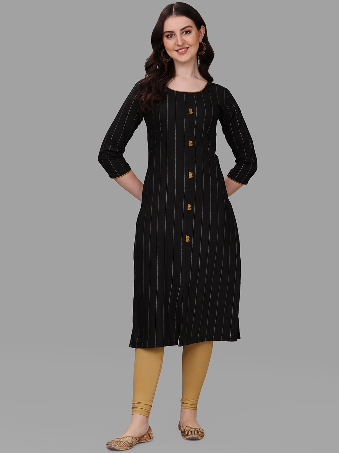 

FAVRIZ Striped Straight Pure Cotton Kurta, Black