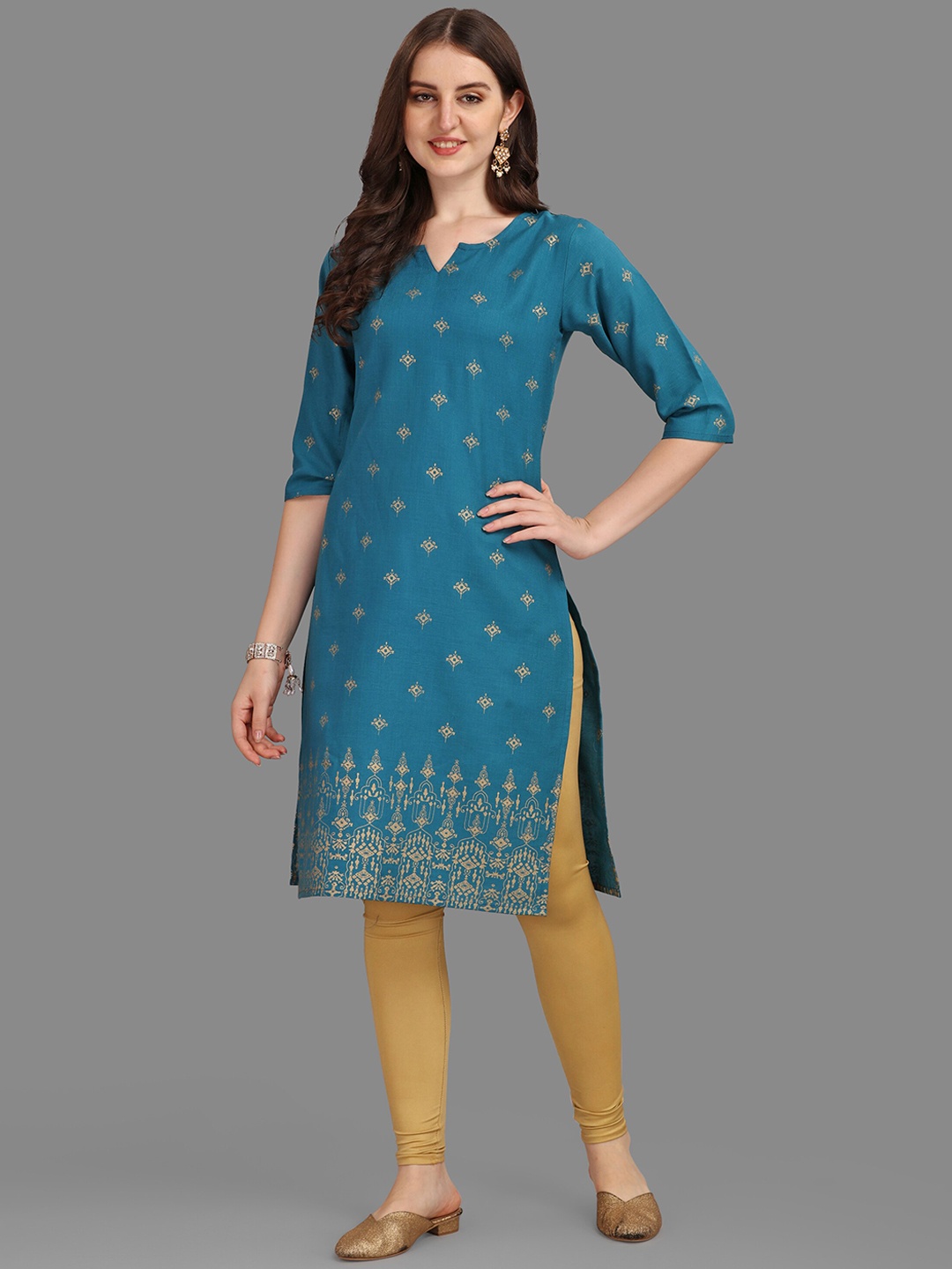 

FAVRIZ Ethnic Motifs Printed Straight Pure Cotton Kurta, Blue