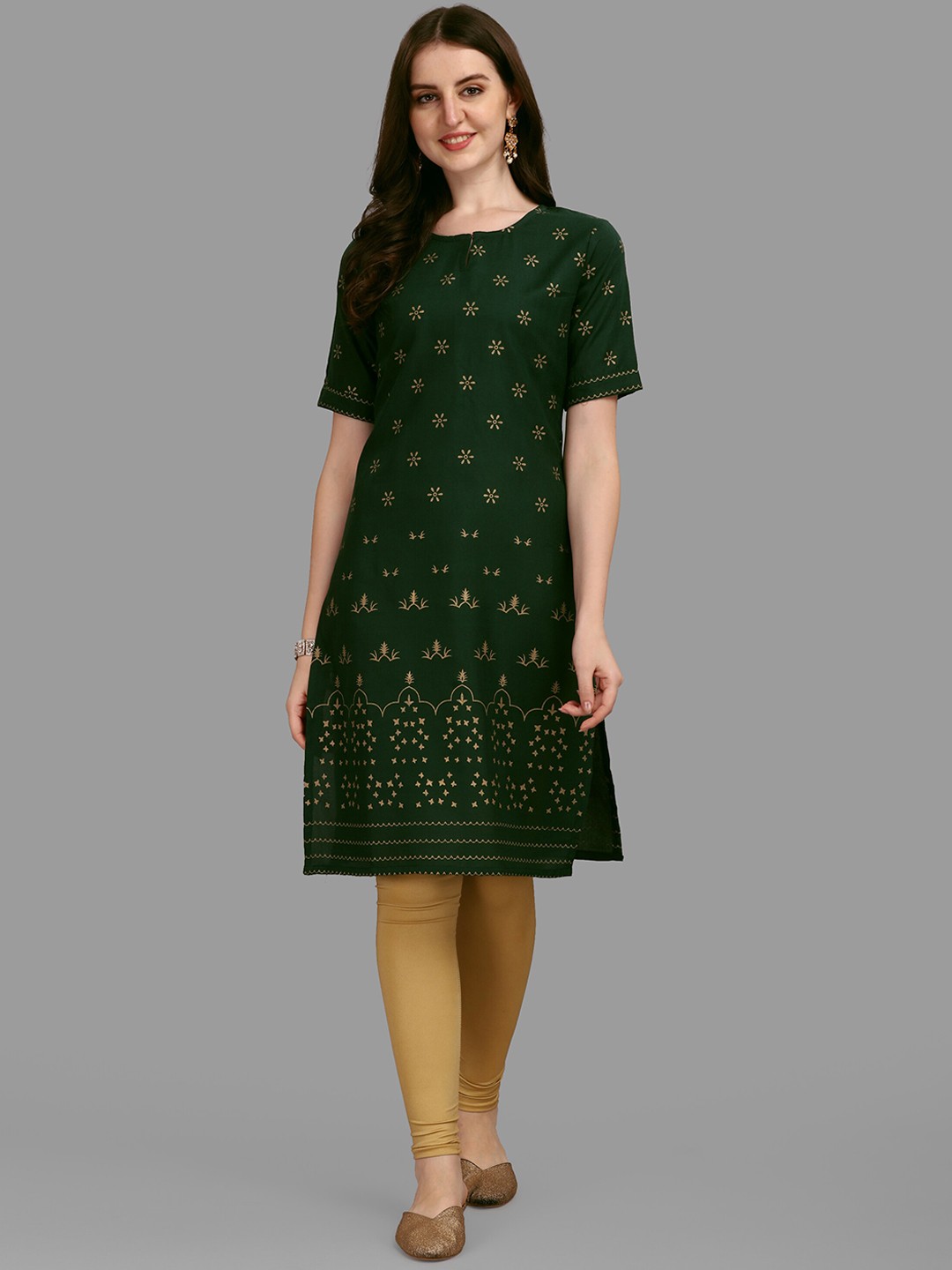 

FAVRIZ Ethnic Motifs Printed Straight Pure Cotton Kurta, Green