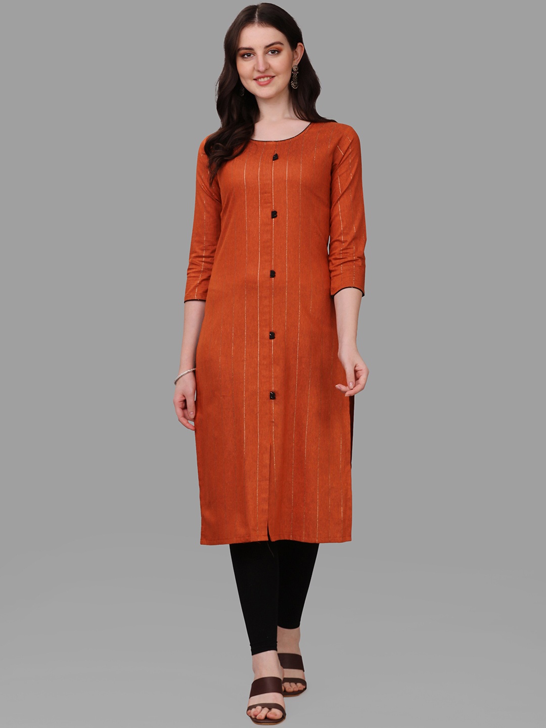 

FAVRIZ Striped Straight Cotton Kurta, Rust